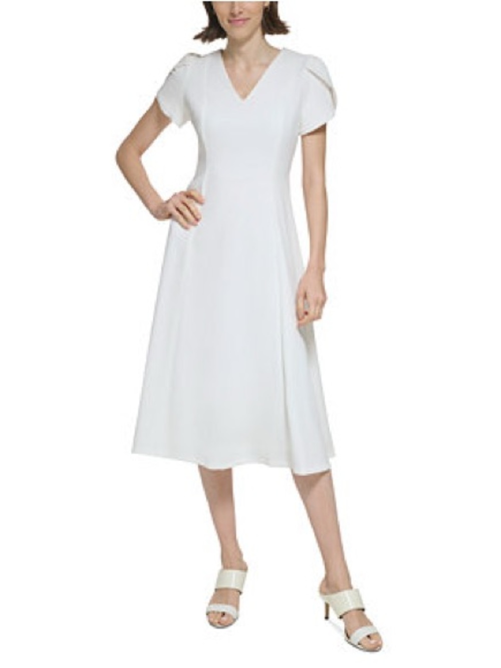 Calvin Klein White V-Neck Midi Dress with Short Flutter Sleeves